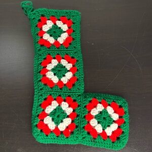 Handmade Green, Red, White Crochet Christmas Stocking